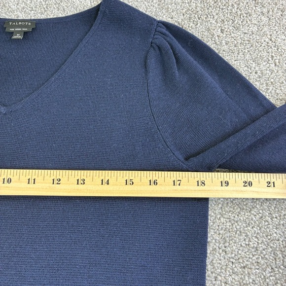Talbots Navy Blue Merino Wool V Neck Puff Sleeve Sweater Dress Size M - Picture 8 of 9